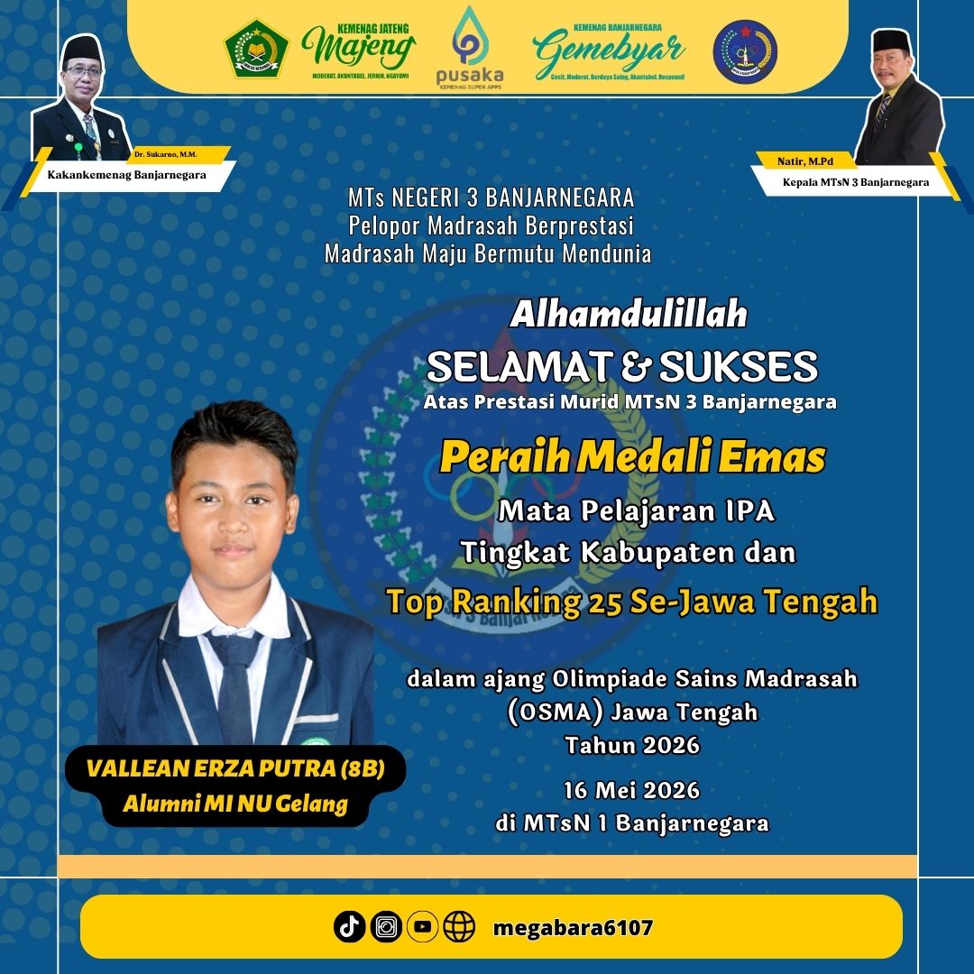 VALLEAN ERZA PUTRA, PERAIH MEDALI EMAS TINGKAT KABUPATEN RANKING 25 SE- JATENG